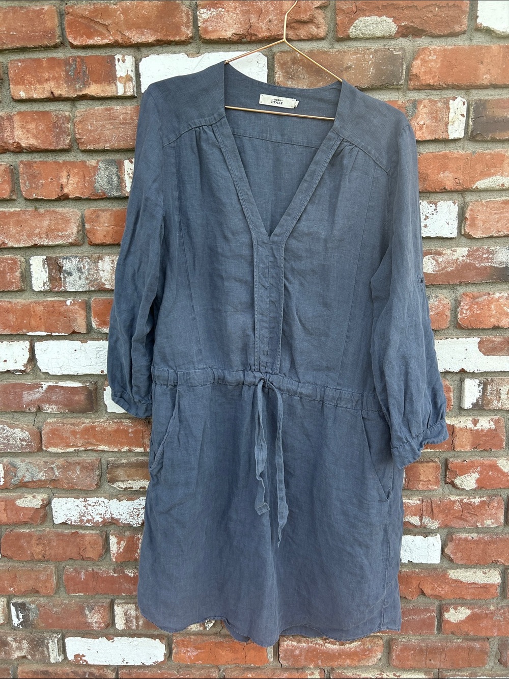 Slate Blue Linen V-Neck Tunic Dress Italy 0039
